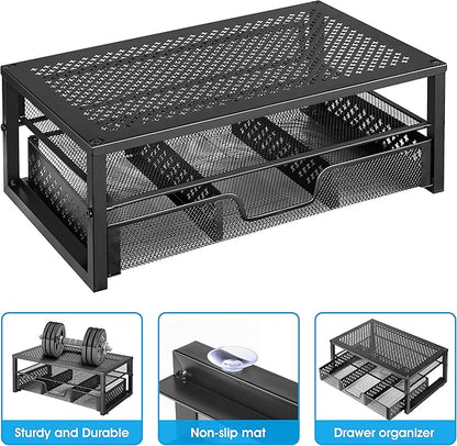 Simple Trending 2 Pack 2 Tier Metal Monitor Riser Stand and Computer Desk Organizer with Drawer, Black