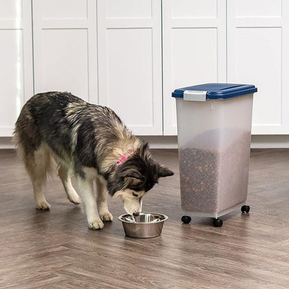IRIS USA Airtight Dog Food Storage Container, Up to 38 lbs, Attachable Wheels, For Dog Cat Bird and Other Pet Food Storage Bin, Keep Fresh, Translucent Body, Easy Mobility, Navy