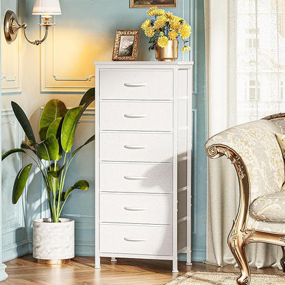 Huuger 43.3 Inch Tall Dresser for Bedroom, 6 Drawer Dresser & Chests of Drawers, Fabric Dresser for Closet, Bedroom, Night Stand, End Table with Metal Frame, Storage Tower with Fabric Bins, White