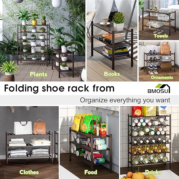 BMOSU 3-Tier Bamboo Shoe Rack Premium Stackable Shoe Shelf Storage Organizer for Hallway Closet Living Room Entryway Organizer (Brown Bamboo)