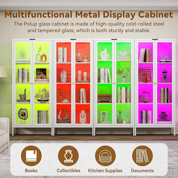 Glass Display Cabinet with Glass Doors, Metal Curio Cabinet with 8-Color LED Lights, 66 Inch Tall Display Case for Collectibles, White Glass Cabinet for Living Room, Assembly Required