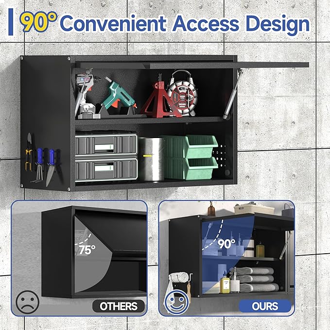 Metal Garage Wall Cabinet,Float Tool Cabinets with Up-Flip Door,Wall Mounted Metal Steel Cabinet for Garage/Home Office/RV/Ware House（Black/19.7" H