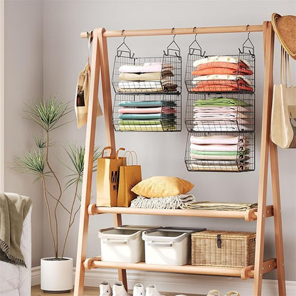 5 Tier Closet Hanging Organizer, Clothes Hanging Shelves with 4 Hanging Hooks 5 S Hooks, Wire Storage Basket Bins, for Clothing Sweaters Shoes Handbags Clutches Accessories Patent Design