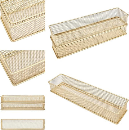 Annova Mesh Stackable Drawer Cabinet and Shelf Organizer Bins Storage Basket School Office Supply Holder Tray- Set of 2 (Gold, 3x12x2 Inch)