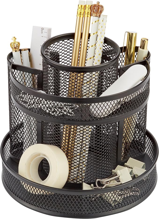 Annova Mesh Desk Organizer Rotate with 5 Compartments Round Spinning Tidy Candy/Pen Holder Desk Accessories Office, Art Supply, Storage, Classroom, Home (Black)