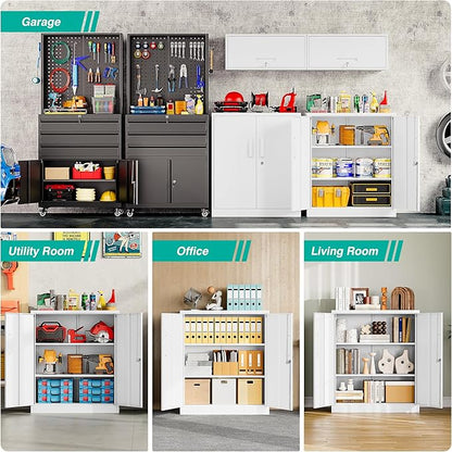 SISESOL White Metal Storage Cabinet with Doors and Shelves,36 inch Small Metal Cabinet with Lock,Short Garage Storage Cabinets,Locking Steel Cupboard for Home,Office,Kitchen,Garages