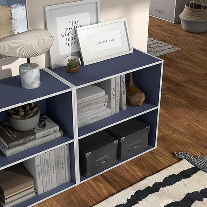 Homes: Inside + Out Apexa 2-Tier Cube Storage Organizer Shelves, Stackable Wood Bookcase Fits Cubby Bins for Organization, Dorm Teen Room Decor & Home Office, Steel Blue