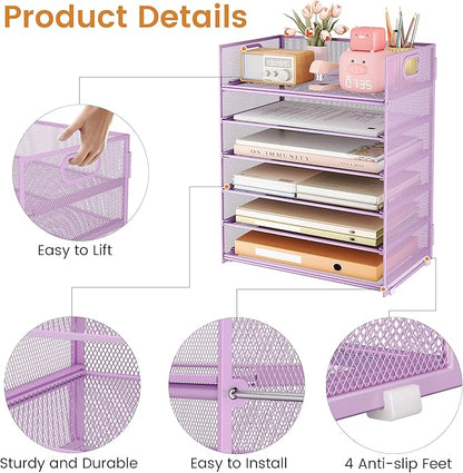 Subekyu 6-Tier Desk Paper Organizer, Desktop File Letter Tray with Handle, Document Sorter and Accessories Holder for Office, Home and School Workspace Organizers, Purple-2 Pack