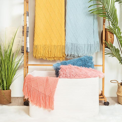 MINTWOOD Design 22in Extra Large Blanket Basket Holder Living Room, Rectangle Rope Woven Storage Basket with Handles for Laundry, Pool Towels, and Shoes, Dog Toy Organizer Bin Box, Creamy White