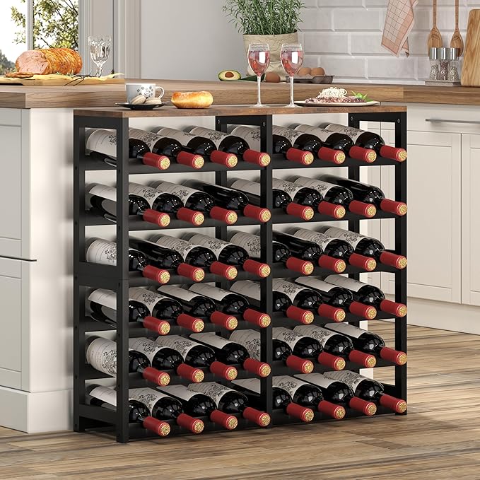 6 Tier Bamboo Wine Rack Freestanding Floor, 48 Bottles Wine Storage Shelves with Table Top, Stackable Wine Display Rack for Kitchen, Bar, Dining Room (Rustic Brown and Black, 48 Bottles)