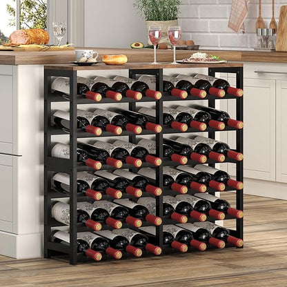 6 Tier Bamboo Wine Rack Freestanding Floor, 48 Bottles Wine Storage Shelves with Table Top, Stackable Wine Display Rack for Kitchen, Bar, Dining Room (Rustic Brown and Black, 48 Bottles)