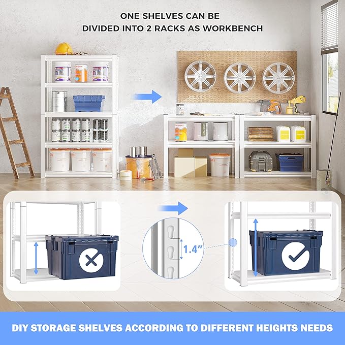 Raybee Garage Shelving, 2000LBS Storage Shelves, White Metal Shelves, 5 Tier Adjustable Heavy Duty Shelving for Pantry Kitchen Closet Basement Warehouse 16.5" D x 32" W x 63" H