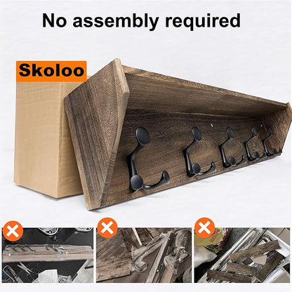 SKOLOO Wall Shelf with Hooks, 35-Inch Weathered Brown Coat Rack Wall Mount with Shelf Organizer - Lightweight & Sturdy, 5 Tri Hooks - Perfect for Entryway, Hallway, Living Room, Bedroom, Mudroom