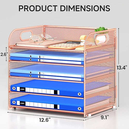Paper Organizer Letter Tray with Handle Mesh 5 Trays Desk File Organizer Paper Sorter Desk Organizer for Office, Home or School-Rose Gold