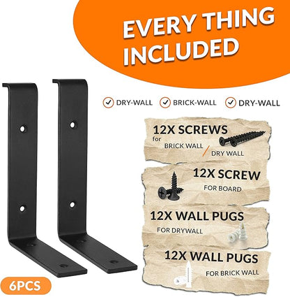BATODA 8” Shelf Brackets with Lip (Match 7.25" Board) - 6 Pcs Z Shelf Bracket Black - Heavy Duty Hook Brackets for Shelves - Wall Mounted Support for DIY - Shelving Hardware Included (Pack 6)