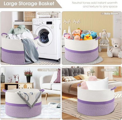 Large Cotton Rope Storage Basket, 20''x13'' Woven Laundry Hamper for Living Room, Nursery, Toys, Blanket Organization with Handles (White and Purple)