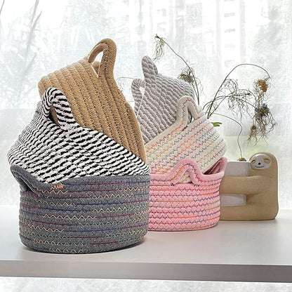 Small Woven Baskets | Mini Storage Bins | Cotton Rope Baby Nursery Organizers | Cute Round Cat Ears Basket for Organizing Desk Decor Kids Toy Dog Cat Baby Girls Gifts-Set of 3(Black white)