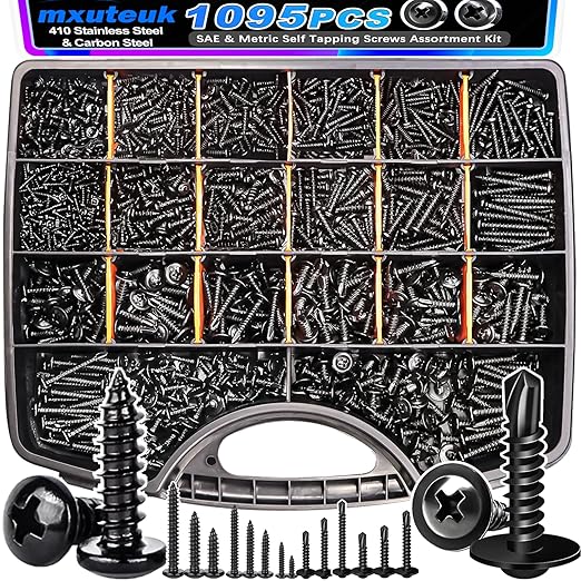mxuteuk 1095PCS Self Tapping Screws for Metal, #8#10 410 Stainless Steel Truss Head Self Drilling Screws and M2 M3 M4 Carbon Steel Phillips Pan Head Self Tapping Screws for Plastic,Wood