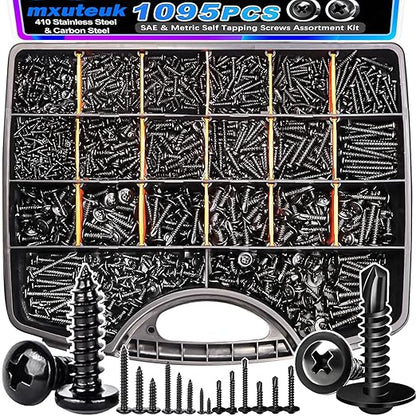mxuteuk 1095PCS Self Tapping Screws for Metal, #8#10 410 Stainless Steel Truss Head Self Drilling Screws and M2 M3 M4 Carbon Steel Phillips Pan Head Self Tapping Screws for Plastic,Wood