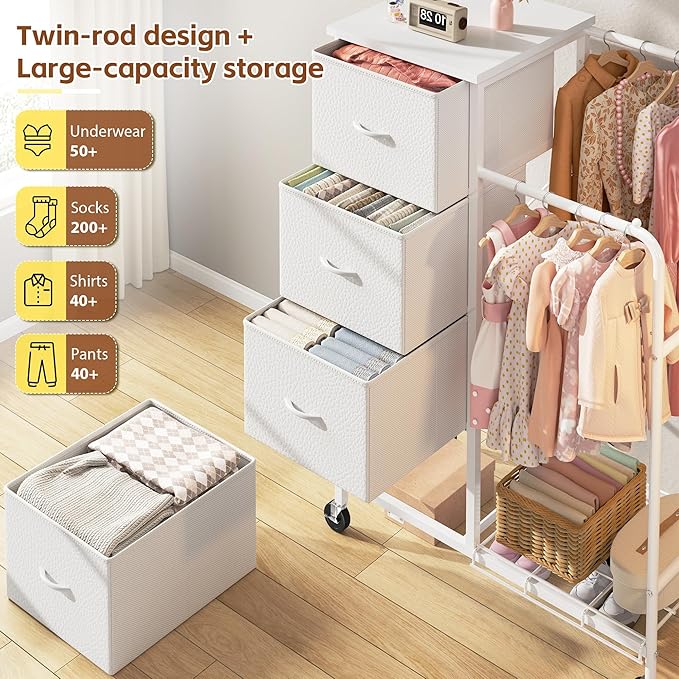 47.3" H Dresser with Hanging Rack, 4 Fabric Drawers with Double Clothes Rack & Wheels, Tall Closet Organizer Dresser for Bedroom, Entryway, White, 15.8" D x 29.9" W x 47.3" H