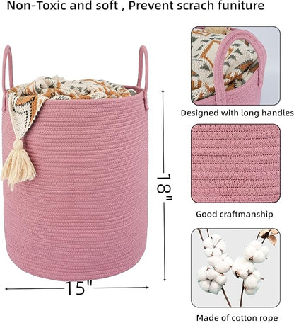 Cotton Rope Laundry Basket Hamper for Clothes Woven Storage Basket for Living Room Bedroom Boho Tall Rope Baskets for Blanket Toys Pillow Towels Baby Nursery Hamper Bin grape purple