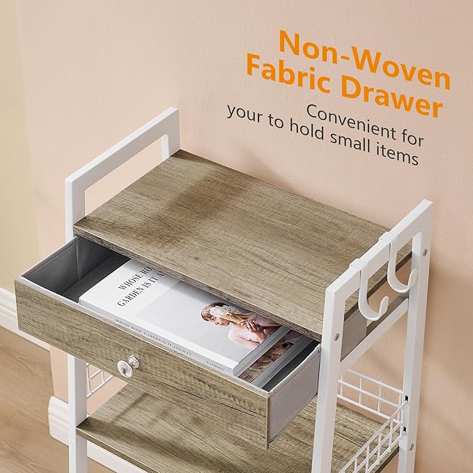3-Tier Ladder Shelf with Drawer, Bathroom Table Stand for Small Space, Standing Bathroom Shelves with Storage for Living Room Kitchen Bedroom, Organizer Shelf, White