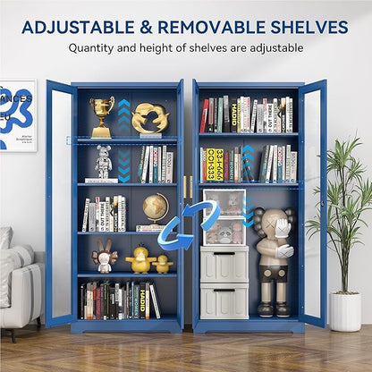Curio Cabinets with Glass Doors, 71" Glass Display Cabinet with Lock, Tall Bookcase with Adjustable Shelves, Locking China Cabinet for Living Room, School, Commercial, Office, Plant, Blue
