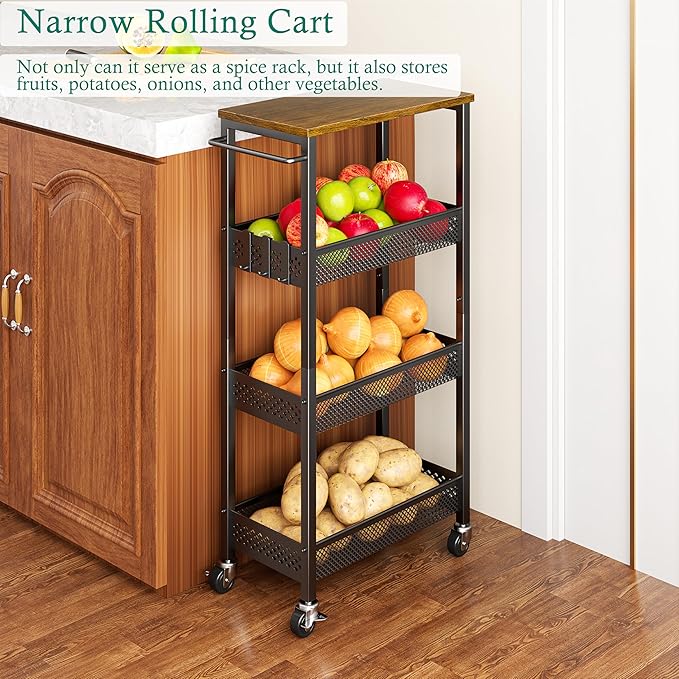 Slim Storage Cart 4 Tier Fruit and Vegetable Baskets for Kitchen Small Space, Narrow Laundry Cart on Wheels with Wooden Top and Metal Handle for Pantry, Bathroom, Laundry Room