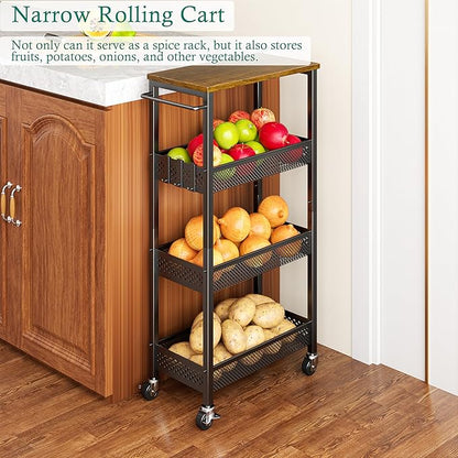 Slim Storage Cart 4 Tier Fruit and Vegetable Baskets for Kitchen Small Space, Narrow Laundry Cart on Wheels with Wooden Top and Metal Handle for Pantry, Bathroom, Laundry Room