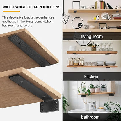 HITOMEN Heavy Duty Floating Shelf Brackets, 8-Inch (1/5'' Thick) Hidden Shelves Hardware, Iron L Brackets, Rustic Industrial Black Metal Wall Shelving Supports, 6 Pack