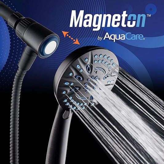 AquaCare Magneton High-Pressure 8-mode Handheld Shower Head with Magnetic Guidance Docking System - 2 Magnetic Brackets, 5 inch Face, Hygienic Jets, 6 ft. Stainless Steel Hose/ORB Finish