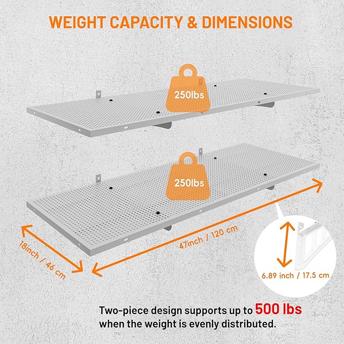 2-Pack 1.5x4ft Garage Shelving Heavy Duty, 500 Lbs Wall Mounted Storage Shelf, Solid Flat Panel Organizer With Complete Install Kit, White