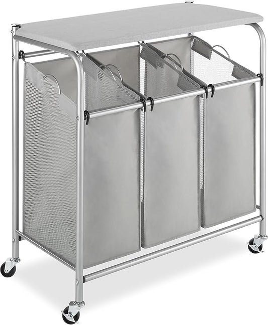 Whitmor 3 Section Rolling Laundry Sorter with Folding Station - Ironing Board, Chrome / Gray