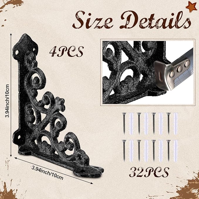 Blulu 4 Pack Antique Style Cast Iron Shelf Brackets Decorative Brackets 3 7/8" x 3 7/8" Wall Mount Shelving Bracket Heavy Duty Victorian Style Shelf(Black)