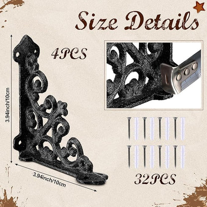 Blulu 4 Pack Antique Style Cast Iron Shelf Brackets Decorative Brackets 3 7/8" x 3 7/8" Wall Mount Shelving Bracket Heavy Duty Victorian Style Shelf(Black)