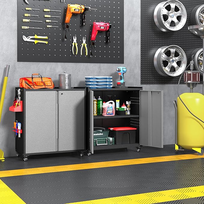 Metal Garage Storage Cabinet with Locking Doors and Adjustable Shelves,34.3" H Small Rolling Tool Storage Cabinet,Lockable Metal Tool Cabinet on Wheels for Garage, Warehouse, Barbershop-Black Gray