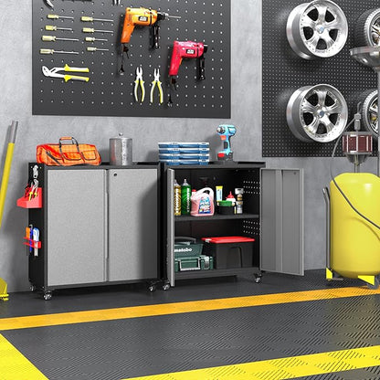 Metal Garage Storage Cabinet with Locking Doors and Adjustable Shelves,34.3" H Small Rolling Tool Storage Cabinet,Lockable Metal Tool Cabinet on Wheels for Garage, Warehouse, Barbershop-Black Gray