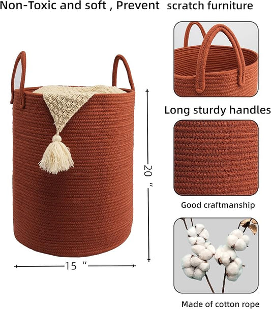 Woven Cotton Rope Laundry basket-15”X20” Laundry Hamper-Rope Storage Basket for Dirty Clothes, Toys and Blankets Perfect for Bathroom, Baby nursery and Living Room Storage (rustic)