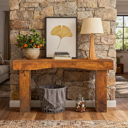 63 Inch Long Entryway Table Hollow, Wooden Console Table with Socket Farmhouse Sofa Table for Entrance, Hallway, Living Room,Behind Couch(Rustic Brown)