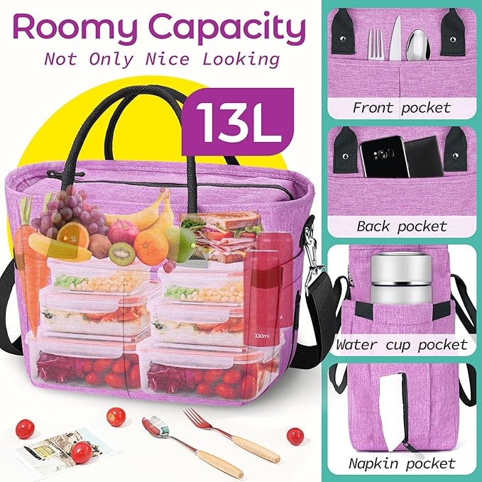 KIPBELIF Cute&Classy Roomy Insulated Lunch Bags for Women - Stylish & Functional Large Tote Adult Lunch Box for Working & Picnic(Extra Large,Purple)