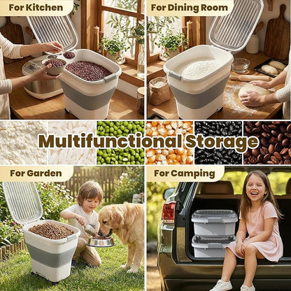 25-40Lbs Rice Container,Collapsible Food Storage Containers with Airtight Clear Lid,Wheels,Rice Storage Container with Small Bin and Scoop,Rice Dispenser for Flour Sugar Cereal Grain Dog Cat