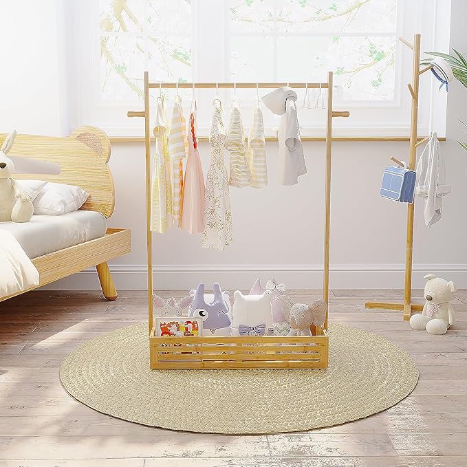 Kids Clothing Rack for Toddler, Pets Clothes Rack with Storage Box & Hanging Rod for Dogs/Cats, Baby Clothes Closet Stand for Nursery Room (Natural, Kids)