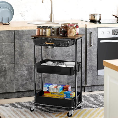 Simple Houseware 3-Tier Rolling Utility Cart with Drawer & Wood Tabletop - Mobile Sofa Side Table, Nightstand, Slim Storage Organizer Trolley for Bedroom, Bathroom, Office & Art Supplies, Rustic Brown