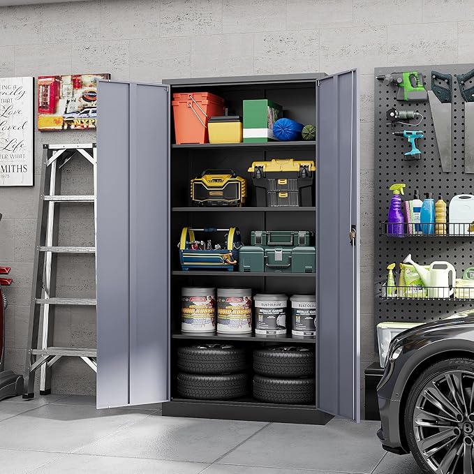 Yizosh Metal Garage Storage Cabinet with Lock, 72" Locking Tool Cabinets with 2 Doors and 4 Shelves, Heavy Duty File Cabinet for Office, School (Gray Black)