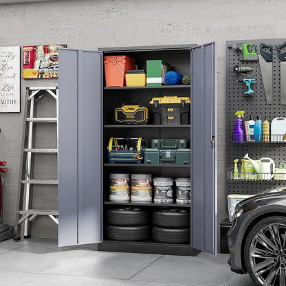 Yizosh Metal Garage Storage Cabinet with Lock, 72" Locking Tool Cabinets with 2 Doors and 4 Shelves, Heavy Duty File Cabinet for Office, School (Gray Black)