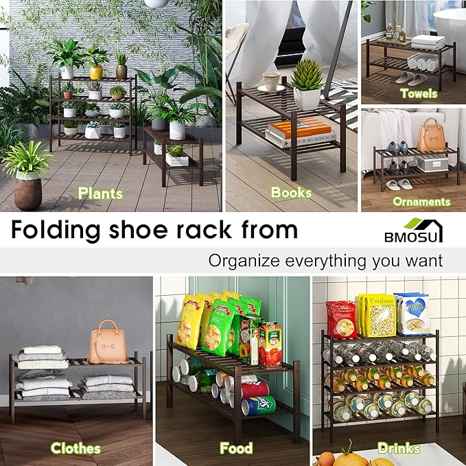BMOSU 2-Tier Bamboo Shoe Rack Premium Stackable Shoe Shelf Storage Organizer for Hallway Closet Living Room Entryway Organizer (Brown Bamboo)