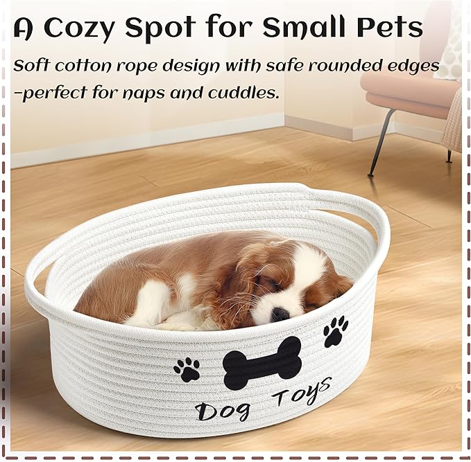 Small Woven Dog Gifts Basket for Storage Empty Dog Toy Bins Organizer with Ribbons and Bags Durable Cute Pet Gifts 12"X 8" X 5" Small Rope Basket for Gifting