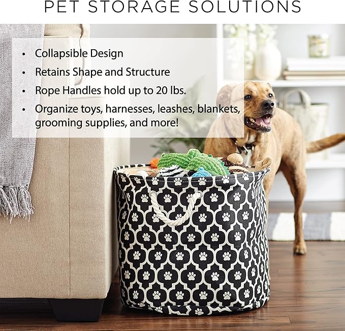 Bone Dry 5743 Pet Storage Collection Striped Paw Patch Bin, Medium Round, Black
