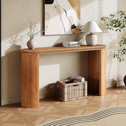 Vintage Console Table with Beaded Trim and Reversible Curved Legs, Natural Wood Veneer Finish Entryway Accent Table, Long Sofa Table Behind Couch for Hallway, Living Room (Brown-J58)