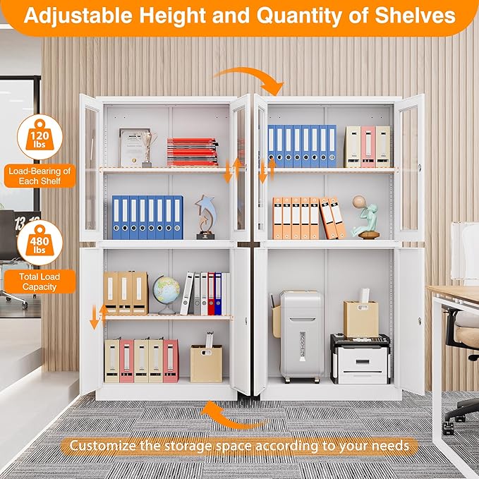 Metal Storage Cabinet with Glass Doors, Lockable Office Cabinet, Tall Steel Locker with Adjustable Shelves for Home Office,School, Kitchen and Hospital (White)